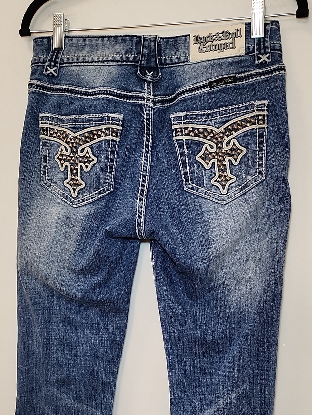 Rock & Roll Cowgirl Y2K Women's Dark Blue Studded Bootcut Jeans Size 27 - Picture 12 of 16
